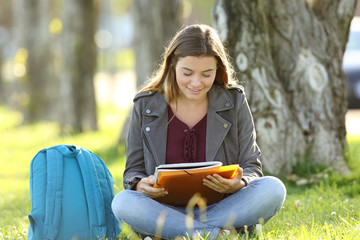Student girl studying reading notes outdoors