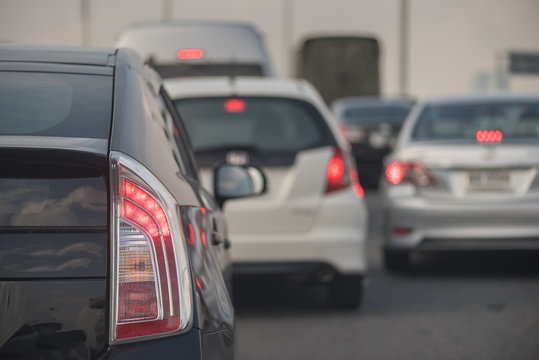 traffic jam with row of cars on toll way