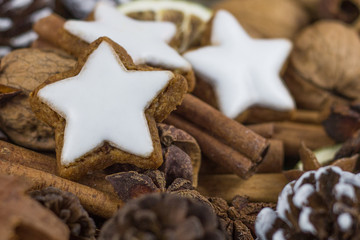 Zimtsterne auf trockenen Gewürzen und Nüssen