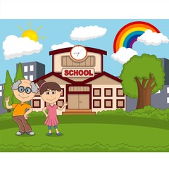 Fototapeta na wymiar Teachers in front of school with rainbow cartoon