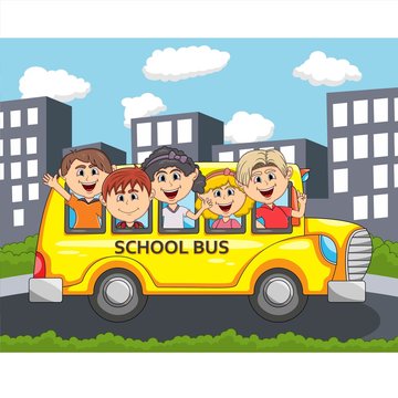 Children go to school by bus through city streets cartoon