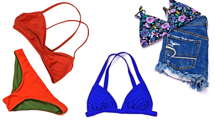 Summer vacation background, travel accessories costumes, bikini swimsuit with red, green ano blue bikini woman clothes isolated on white background