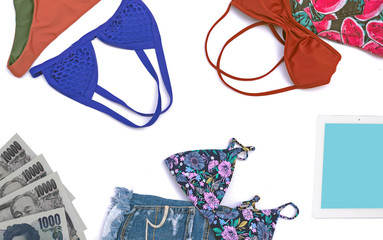 Summer vacation background, woman summer clothes, bikini and short jean