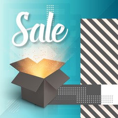 Illustration of Vector Open Box. Realistic 3D Magic Box on Modern 90s Style Abstract Geometrical Background. Sale Poster Template