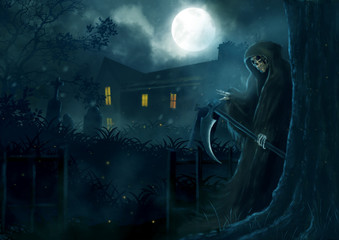 God of death, Grim reaper sneak behind the tree.illustration scarecrow,halloween dark night, fantasy painting.