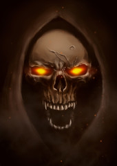 God of death, Grim reaper.illustration scarecrow,halloween dark fantasy painting.Skull in hood.