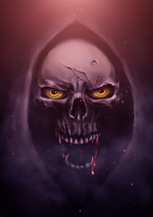 God of death, Grim reaper.illustration scarecrow,halloween dark fantasy painting.Skull in hood.