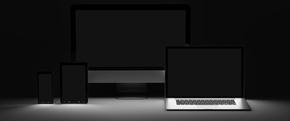 Dark modern computer laptop mobile phone and tablet 3D rendering