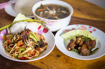 papaya salad. Mushroom soup. Fry pork ribs