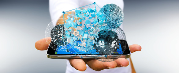 Businessman holding flying abstract sphere over mobile phone 3D rendering