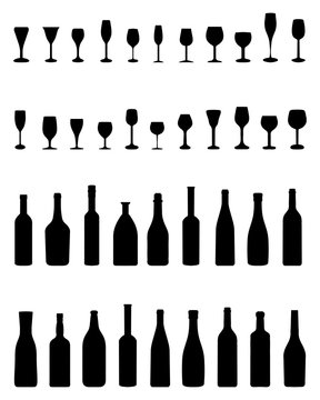 Black silhouettes of bottles and glasses on a white background