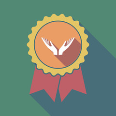 Long shadow badge with  two hands offering