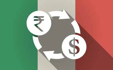 Long shadow Italy flag with  a rupee and dollar exchange sign