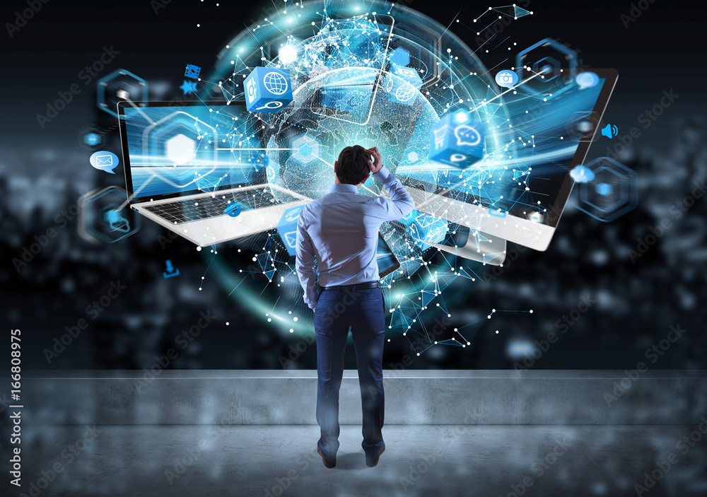 Poster Tech devices connected to each other by businessman 3D rendering