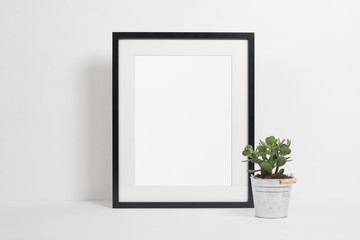 Black picture frame on white background with plant - obrazy, fototapety, plakaty