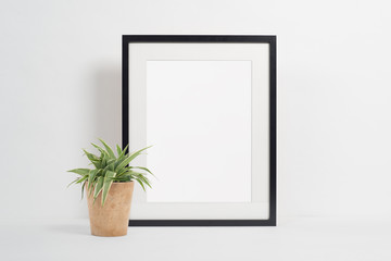 Black picture frame on white background with plant - obrazy, fototapety, plakaty