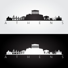 Naklejka premium Athens skyline and landmarks silhouette, black and white design, vector illustration.