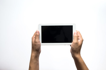 Woman hand holding horizontal the white smartphone.