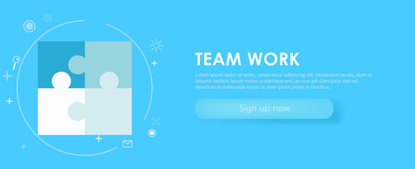 Team work banner. White blue set with painted puzzles
