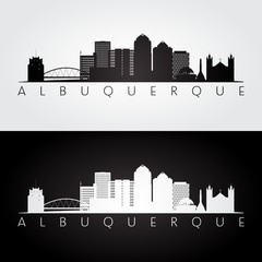 Naklejka premium Albuquerque USA skyline and landmarks silhouette, black and white design, vector illustration.