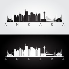 Ankara skyline and landmarks silhouette, black and white design, vector illustration.