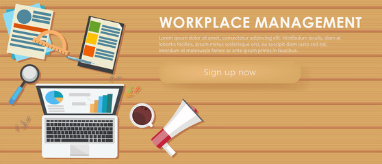 Workplace management banner. Work desk, laptop, coffee. 