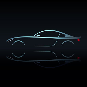 Blue light silhouette sport car on black background. Vector illustration.