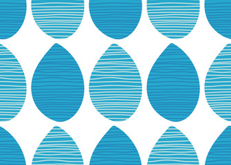 Seamless vector pattern. Abstract blue water drops with hand drawn lines on white background. Striped fabric ornament. Endless textile print illustration. Decorative design elements