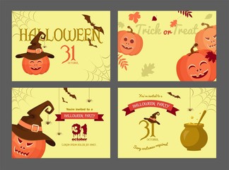 Set of halloween party invitations. Poster designs with halloween symbols and calligraphy.  Halloween Night Party. Trick or Treat. Vector illustration in flat style.