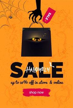 Halloween sale black and orange  background. Halloween banner for online shopping. Halloween poster design with halloween symbols and text. Vector illustration.