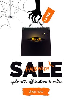 Halloween sale black, white and orange  background. Halloween banner for online shopping. Halloween poster design with halloween symbols and text. Vector illustration.