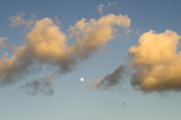 Sunset, clouds, moon and sky