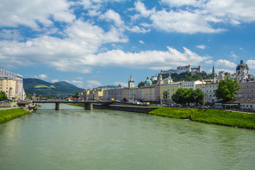 Fototapeta na wymiar View of Salzach, where Salzburg is located, Austria