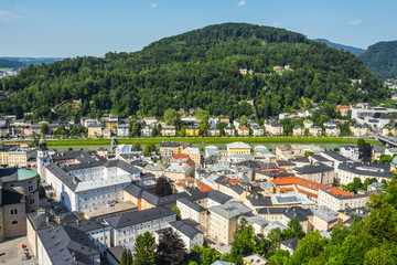 Fototapeta premium View of Salzburg from the Hohensalzburg Fortress, a famous tourist city in Austria