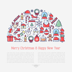 Fototapeta premium Christmas celebration concept in half circle with thin line New Year and Christmas symbols for web page, banner, invitation, greeting card, print media. Vector illustration.