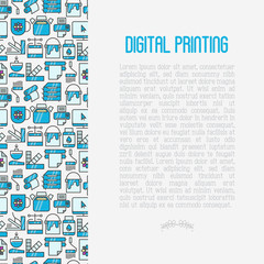 Digital printing concept in circle with thin line icons. Vector illustration for web page, banner, print media.