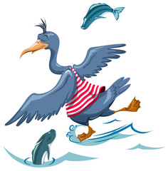 Fototapeta premium Cormorant dances on the water and fish jump around it