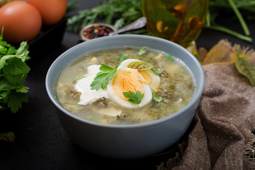 Green soup of sorrel in blue bowl.