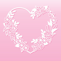 Openwork wreath of flowers in the shape of a heart. Laser cutting template for decoration, cards, interior decorative elements.