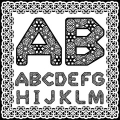 Templates for cutting out letters. Full English alphabet.  May be used for laser cutting. Fancy lace letters. Font isolated white background. A set of symbols in a lacy frame. Part 1. Vector.