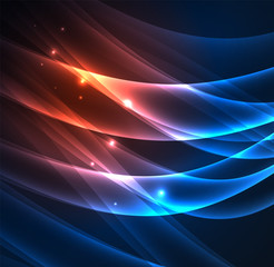Energy lines, glowing waves in the dark, vector abstract background
