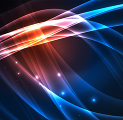 Energy lines, glowing waves in the dark, vector abstract background