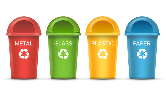 Recycling Bins Isolated Vector. Set Of Red, Green, Blue, Yellow, White Buckets. For Paper, Glass, Metal, Plastic Recycling Waste Sorting. Isolated