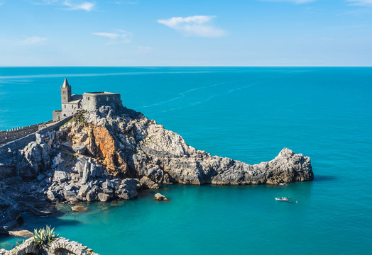 Gothic church of St. Peter in Portovenere Italy, view from the water