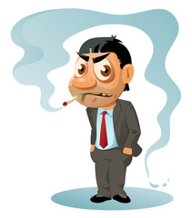Funny smoking office worker. Cartoon styled vector illustration. Elements is grouped. Isolated on white. No transparent objects.