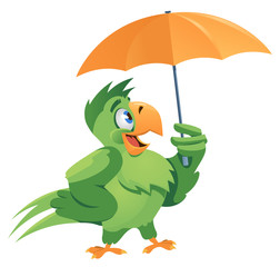 Bad weather. Funny parrot with umbrella. Cartoon styled vector illustration. Isolated on white. No transparent objects.
