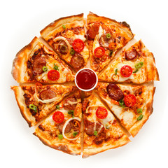 Pizza pepperoni with tomatoes and mushrooms on white background