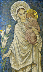 Mary with baby Jesus on her arm (mosaic)