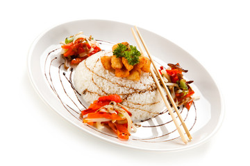 Chicken nuggets with rice on white background 