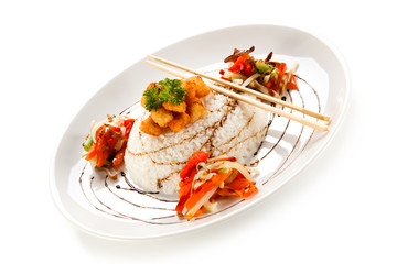 Chicken nuggets with rice on white background 